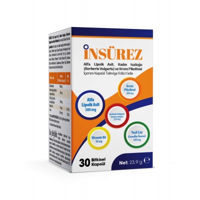 İnsürez Alfa Lipoik Asit Kadın Tuzluğu Berberis Vulgaris Krom Pikolinat Yeşil Çay Vitamin B6 İçeren Takviye Edici Gıda 30 Bitkisel Kapsül